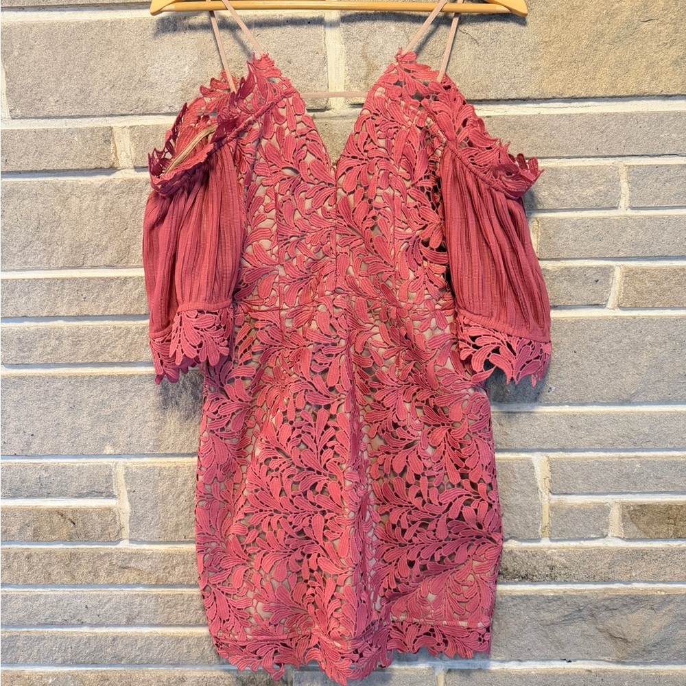 TALULAH Off-Shoulder Lace Mini Dress in Pink